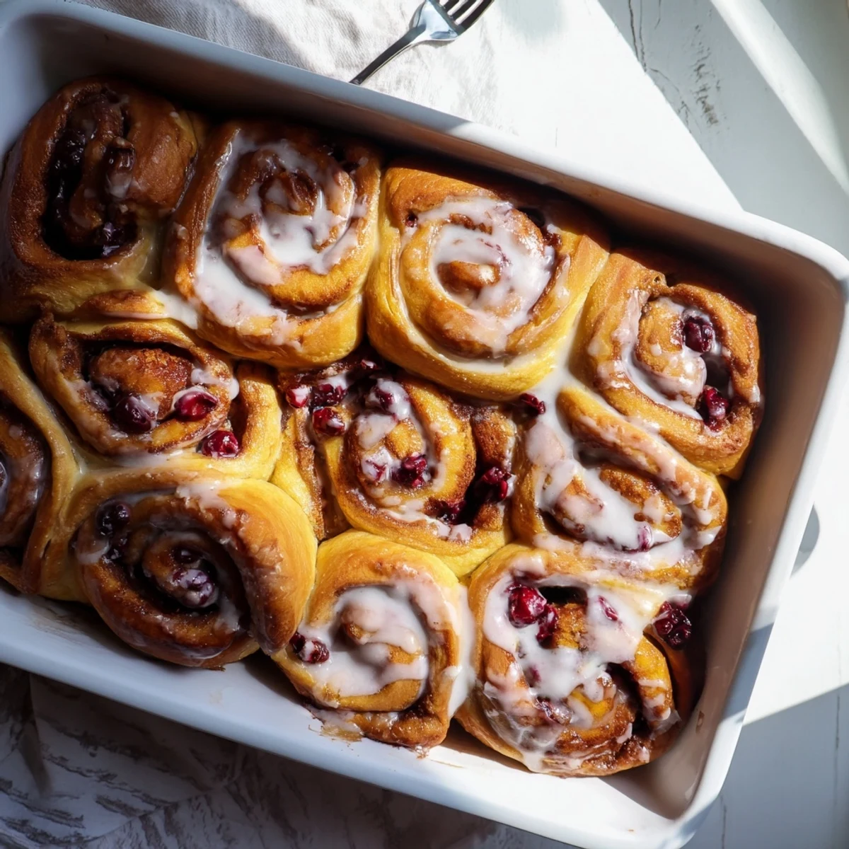 Freshly baked cherry cinnamon rolls with sweet fruit swirls and vanilla glaze
