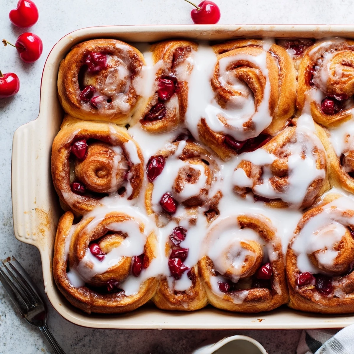 Warm cherry cinnamon rolls revealing red cherry pieces spiraled inside fluffy dough