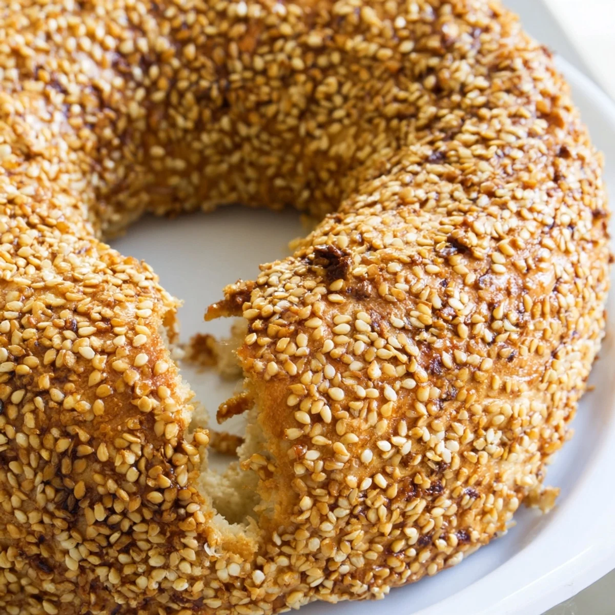 Golden brown sesame bread rings coated generously in toasted seeds on a wooden board