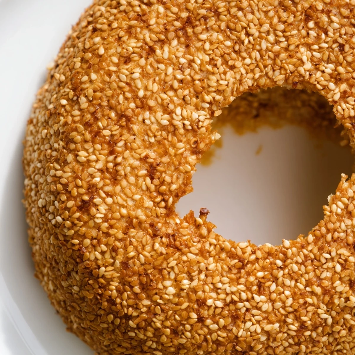 Mediterranean style sesame bread rings featuring golden exteriors and plentiful seed coating on parchment