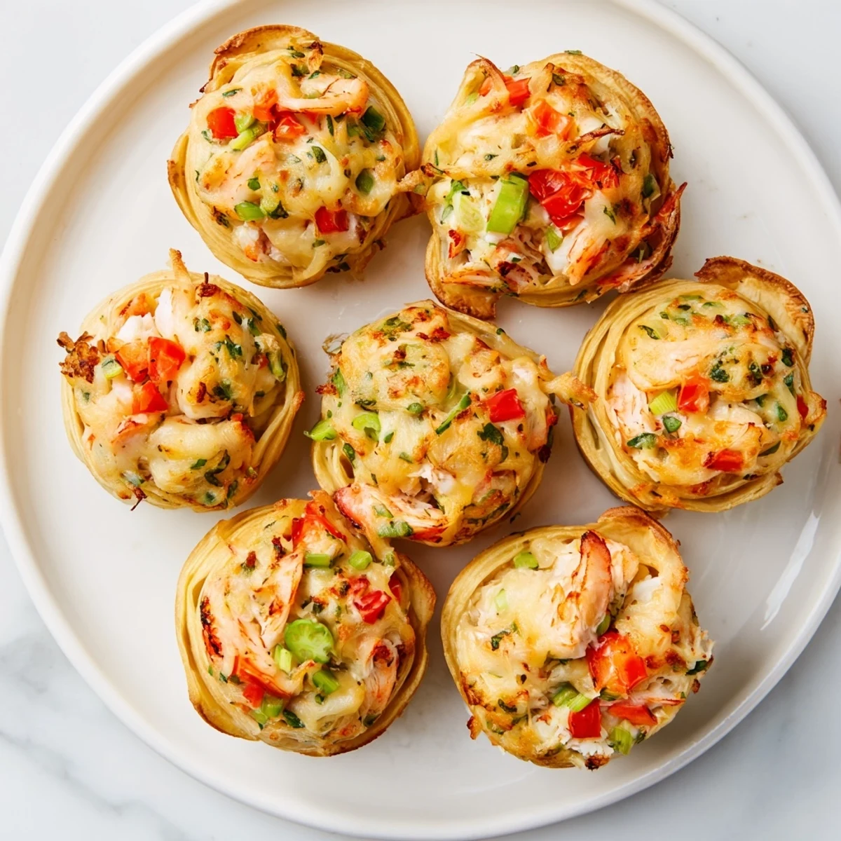 Appetizer plate featuring twisted tortilla bombs filled with creamy seafood and Monterey Jack cheese