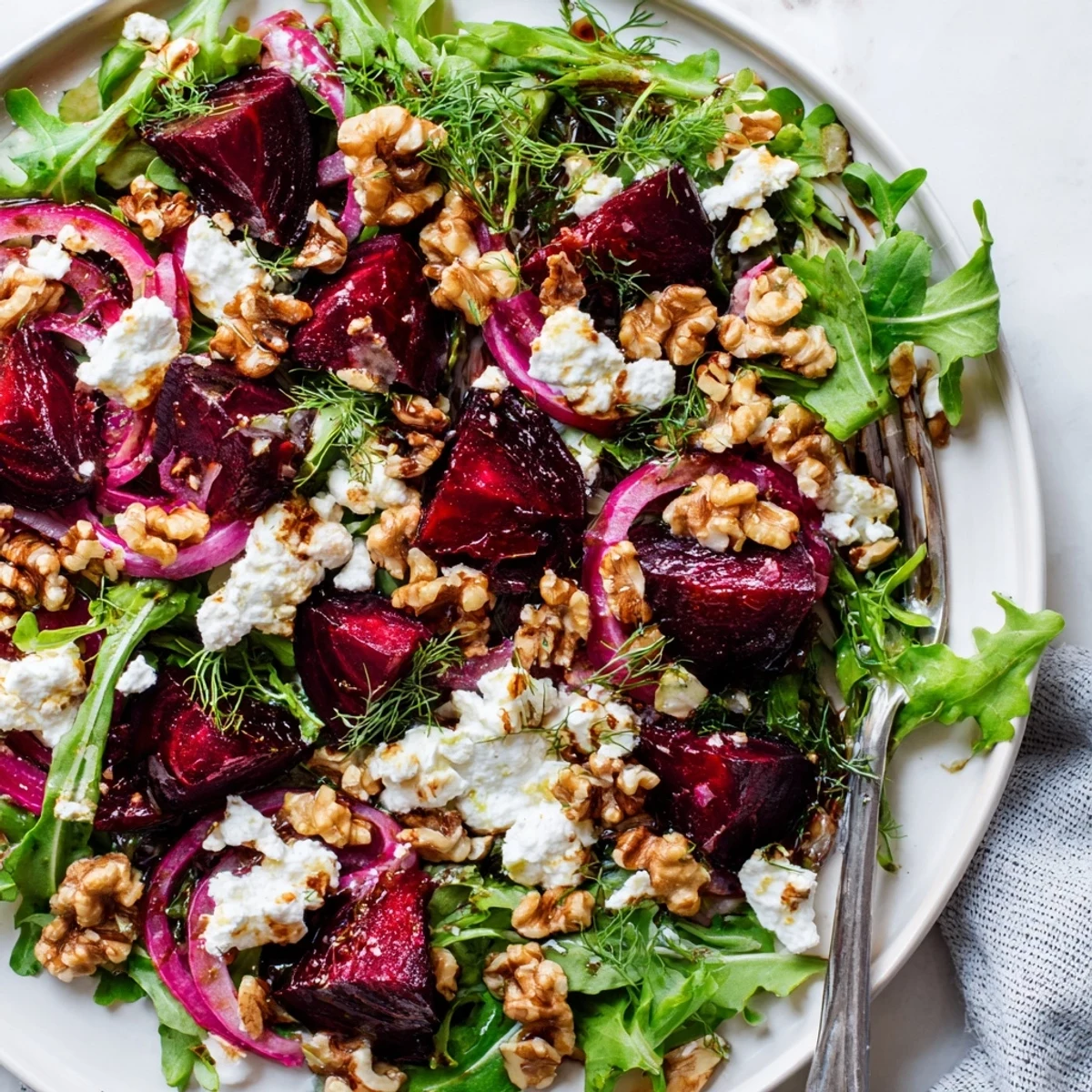 Colorful ultimate beet salad layered with roasted beets goat cheese toasted walnuts fresh greens
