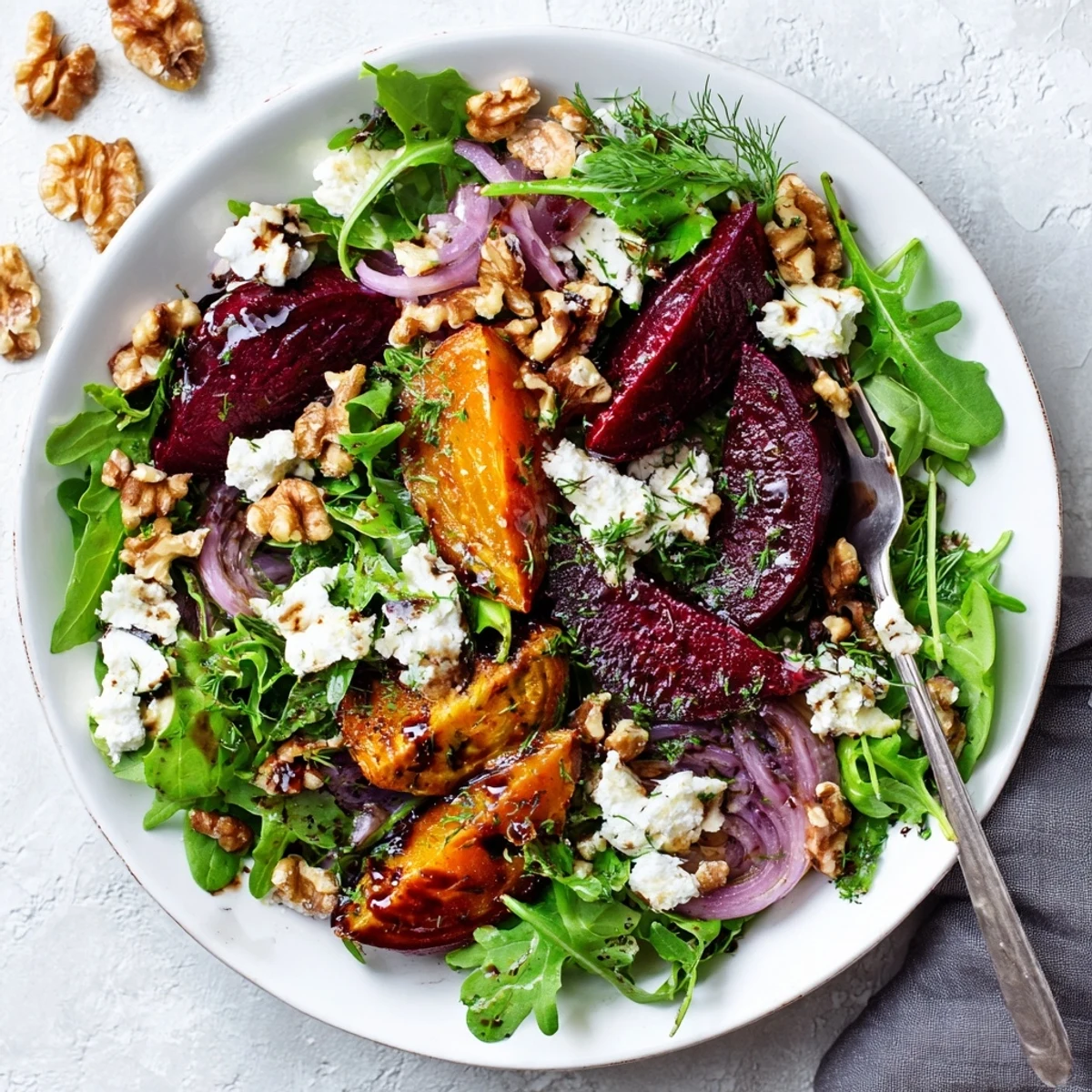 Homemade ultimate beet salad featuring tender roasted beets creamy goat cheese and crunchy walnuts