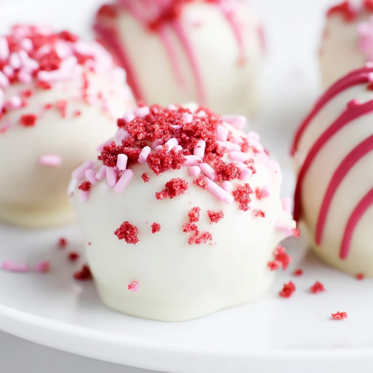 Bite-sized red velvet cake truffles dipped in smooth white chocolate with colorful sprinkles on top