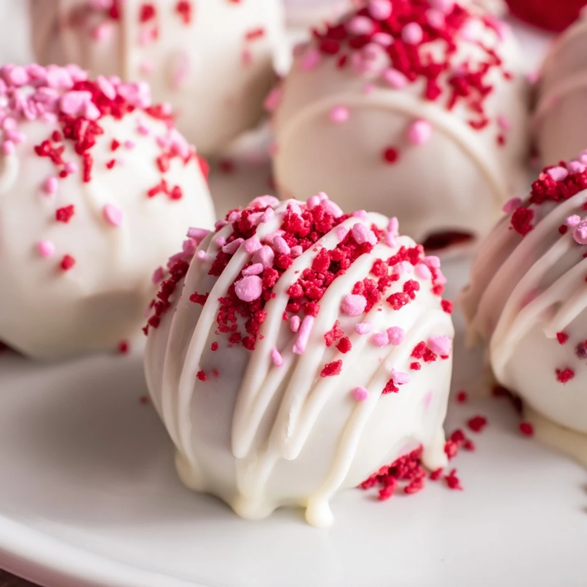 Easy red velvet cake truffles on a decorative serving plate ready for parties and gifting