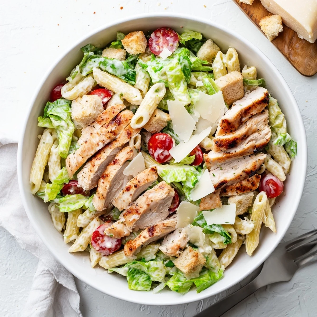 Golden grilled chicken slices atop a bed of creamy Chicken Caesar Pasta Salad with crisp romaine and cherry tomatoes