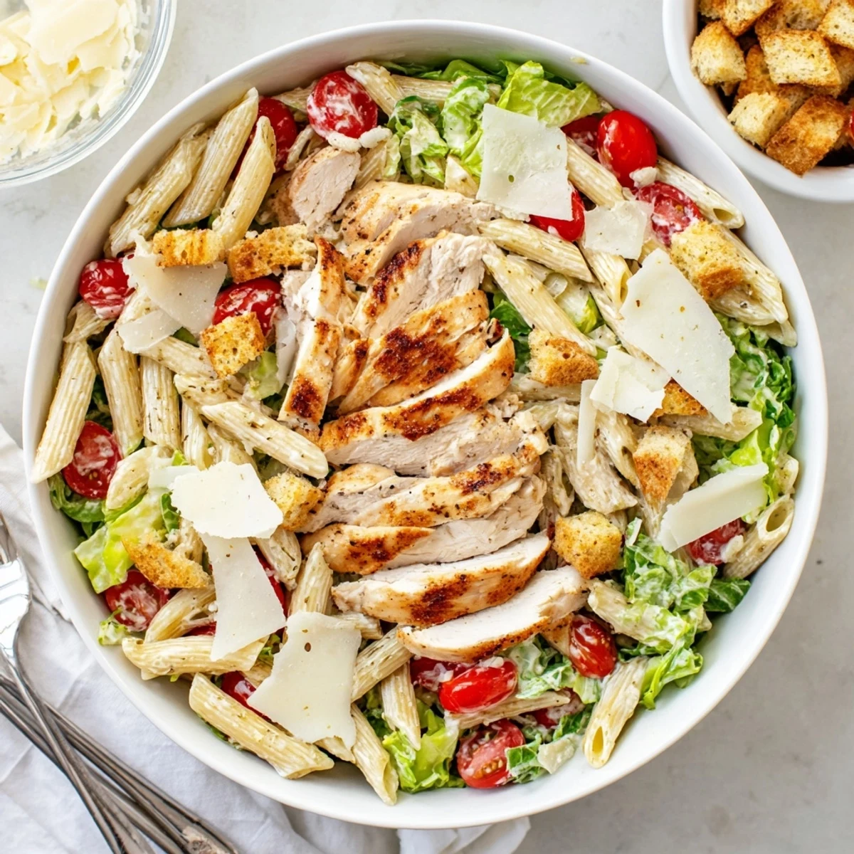 Colorful bowl of Chicken Caesar Pasta Salad featuring al dente pasta, tender chicken, and homemade Caesar dressing with croutons