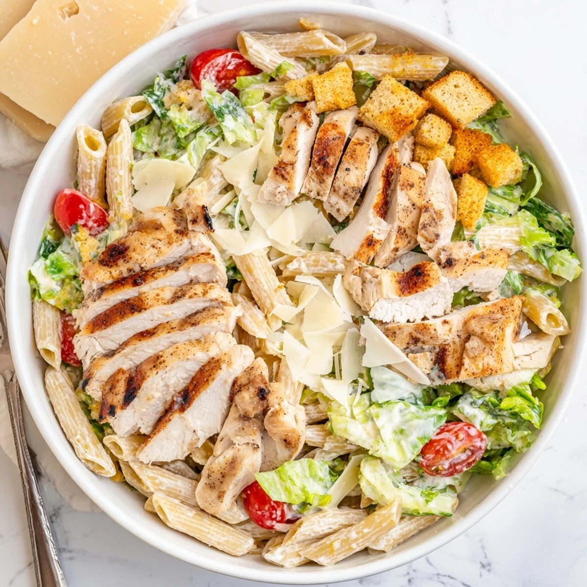 Hearty Chicken Caesar Pasta Salad with sliced grilled chicken, crunchy croutons, and shaved Parmesan on fresh romaine lettuce