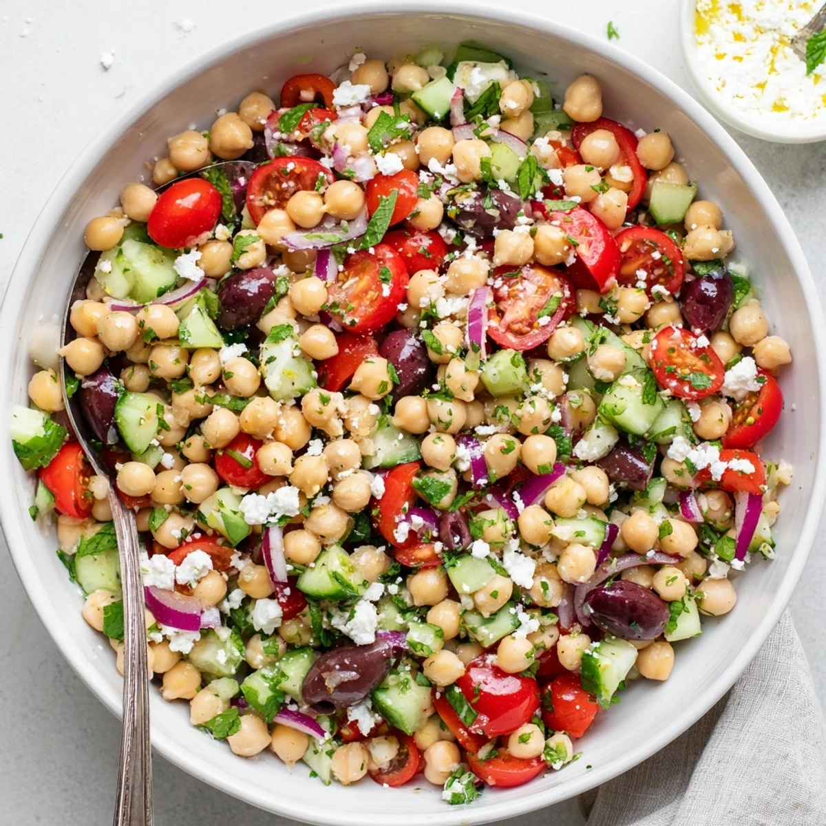 Colorful Mediterranean chickpea salad bowl with fresh vegetables and olives in a light lemon dressing
