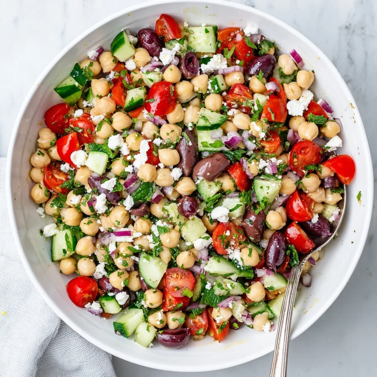 Protein-packed Mediterranean chickpea salad with vibrant diced vegetables and Kalamata olives ready to serve