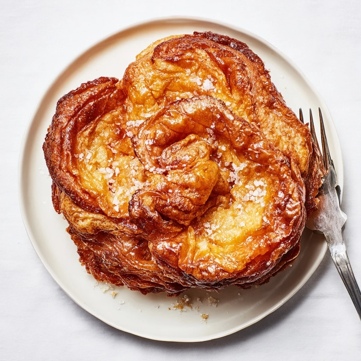 Golden brown Kouign Amann pastry with caramelized sugar crust and flaky layers