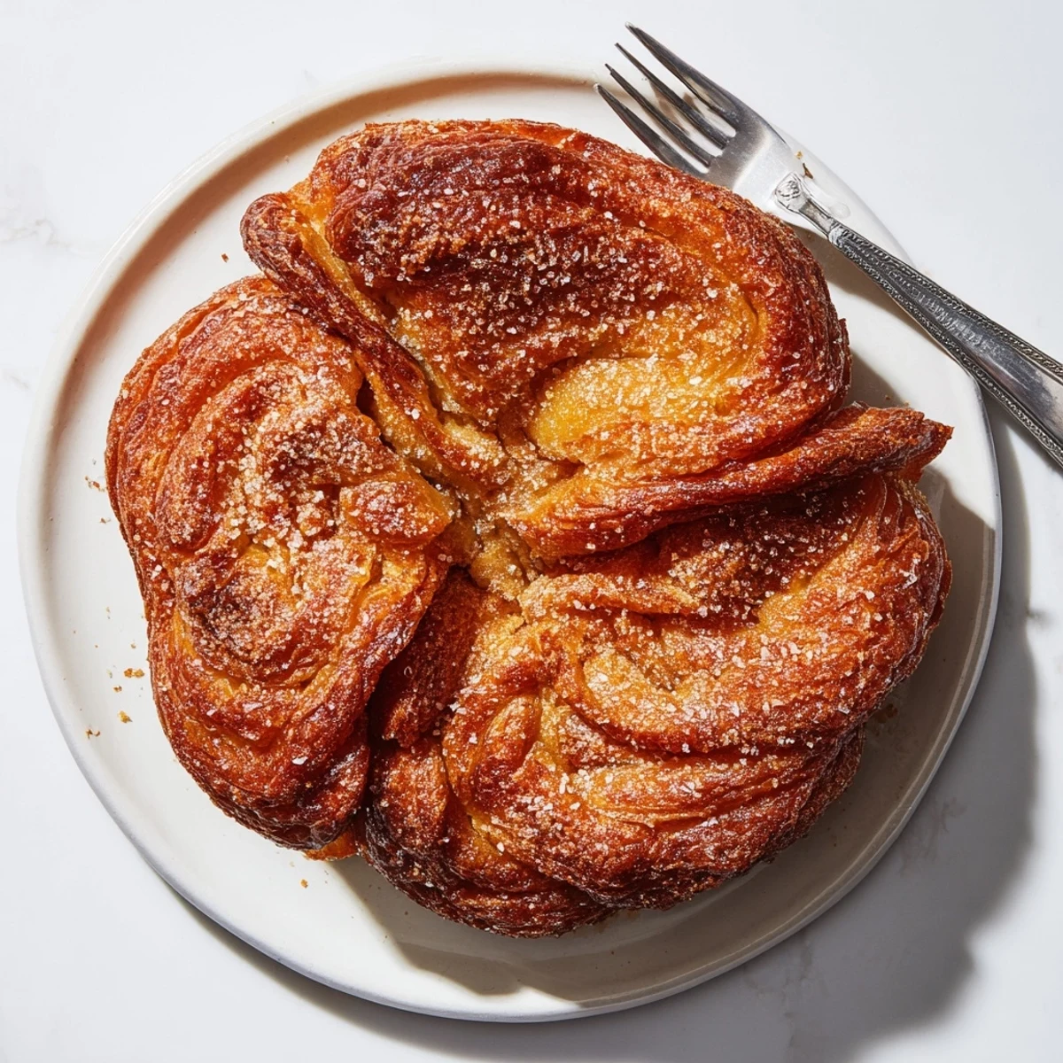 Traditional French Kouign Amann sliced open revealing buttery tender interior and crisp edges