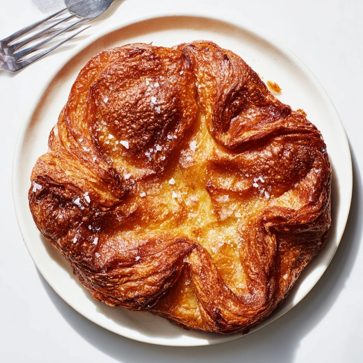 Kouign Amann cooling on wire rack with deep caramelized exterior and sugary finish
