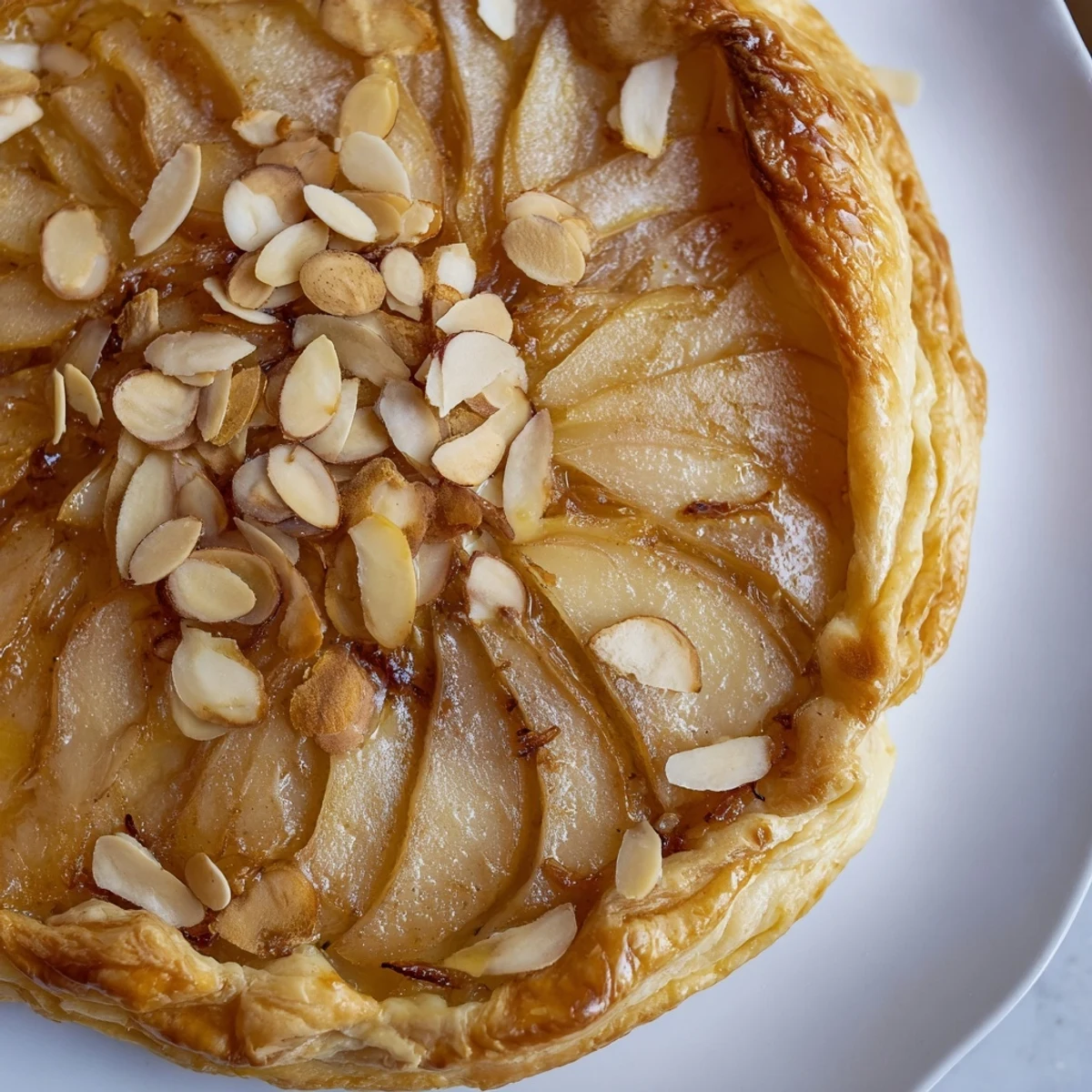 Close up of tender spiced pears nestled on buttery golden puff pastry rectangles