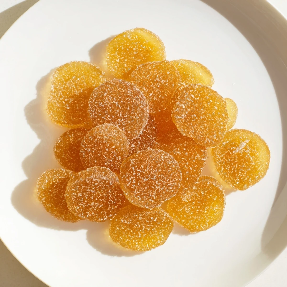 Golden translucent homemade candied ginger slices coated in sparkling white sugar on a white plate