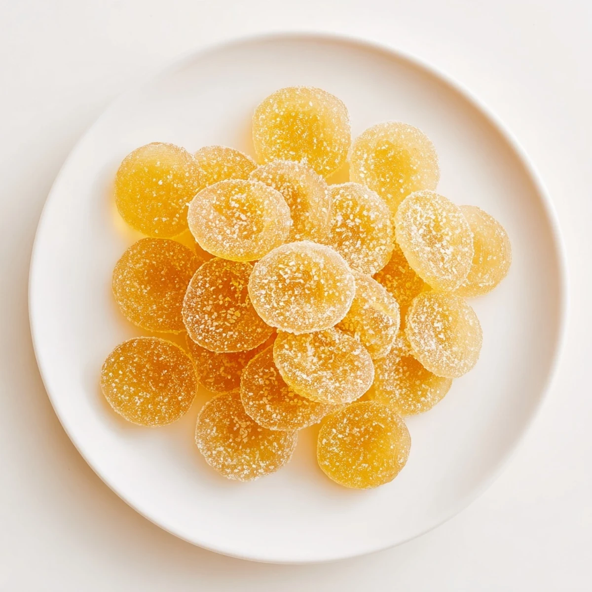 Homemade candied ginger piled high on a wooden board showcasing glistening sugar coating and tender texture