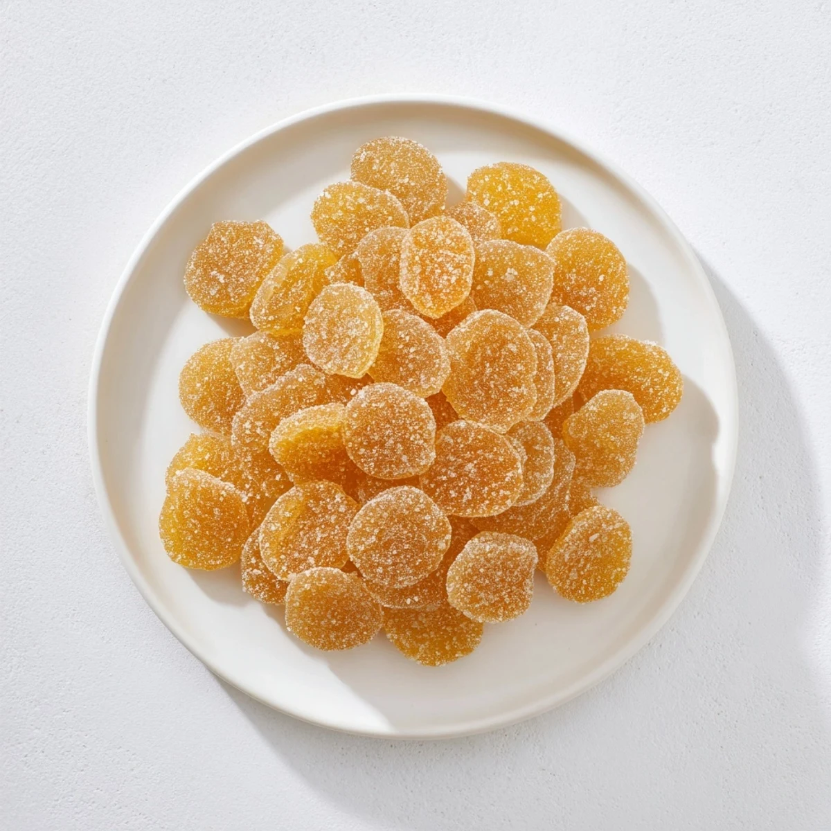 Chewy sweet and spicy candied ginger pieces arranged neatly with fine sugar crystals catching the light