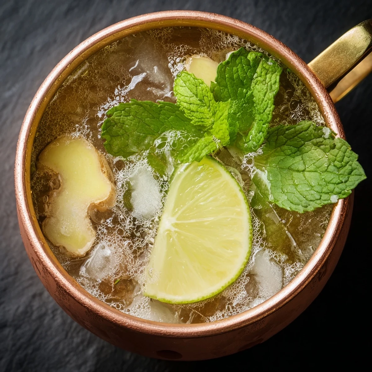 Refreshing Virgin Moscow Mule mocktail with ginger beer, club soda, and vibrant green mint garnish