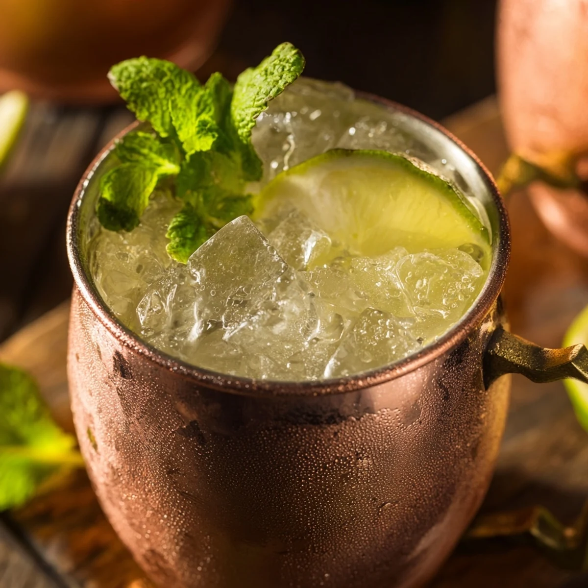 Copper mug filled with Virgin Moscow Mule topped with fresh mint sprig and lime wedge