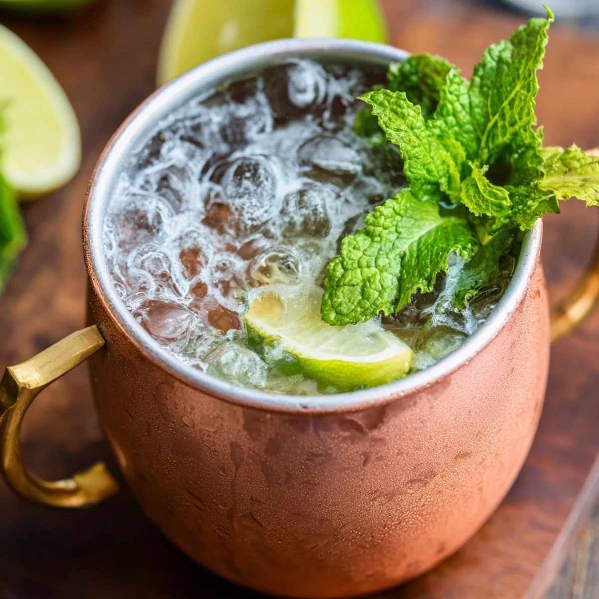 Tall glass of golden Virgin Moscow Mule adorned with fresh lime wheel and aromatic mint leaves