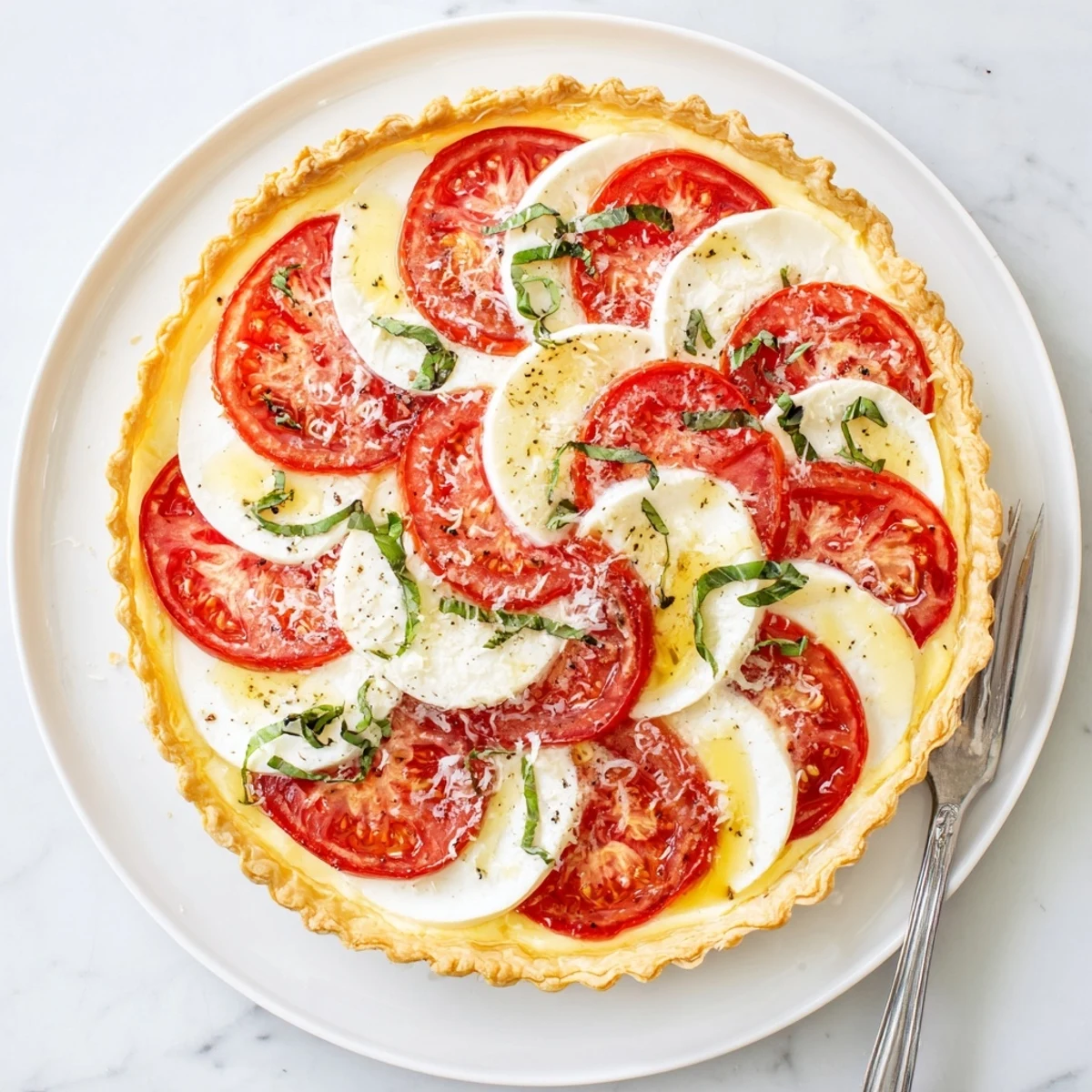 Slice of savory tomato basil tart garnished with fresh basil on a white plate