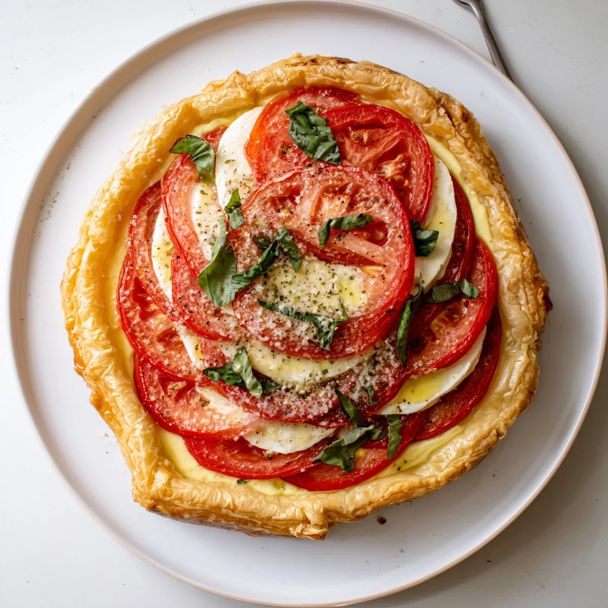 Rustic tomato basil tart featuring layered fresh tomatoes, herbs, and creamy cheese filling