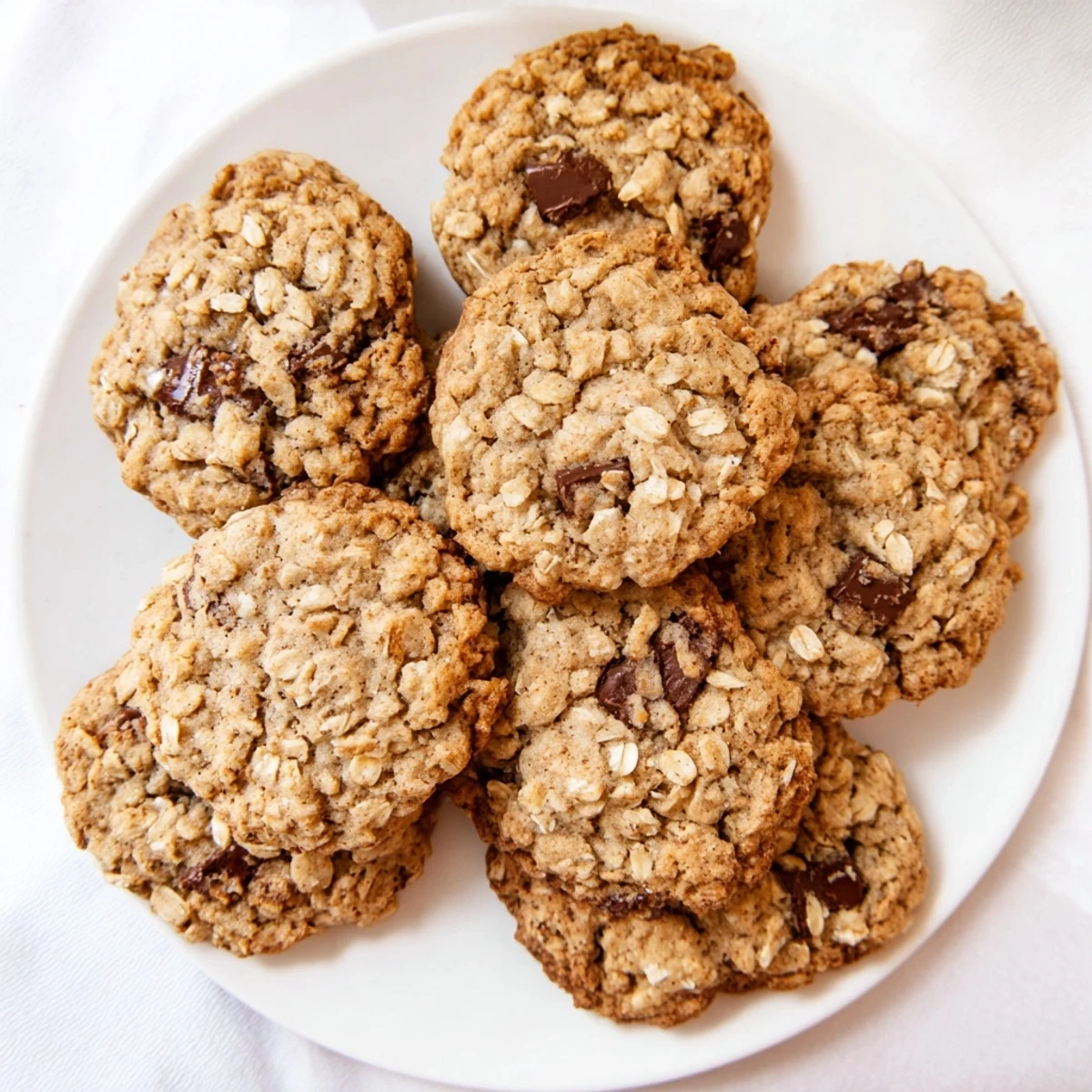 Freshly baked classic oatmeal chocolate chip cookies with golden edges and melted chocolate centers