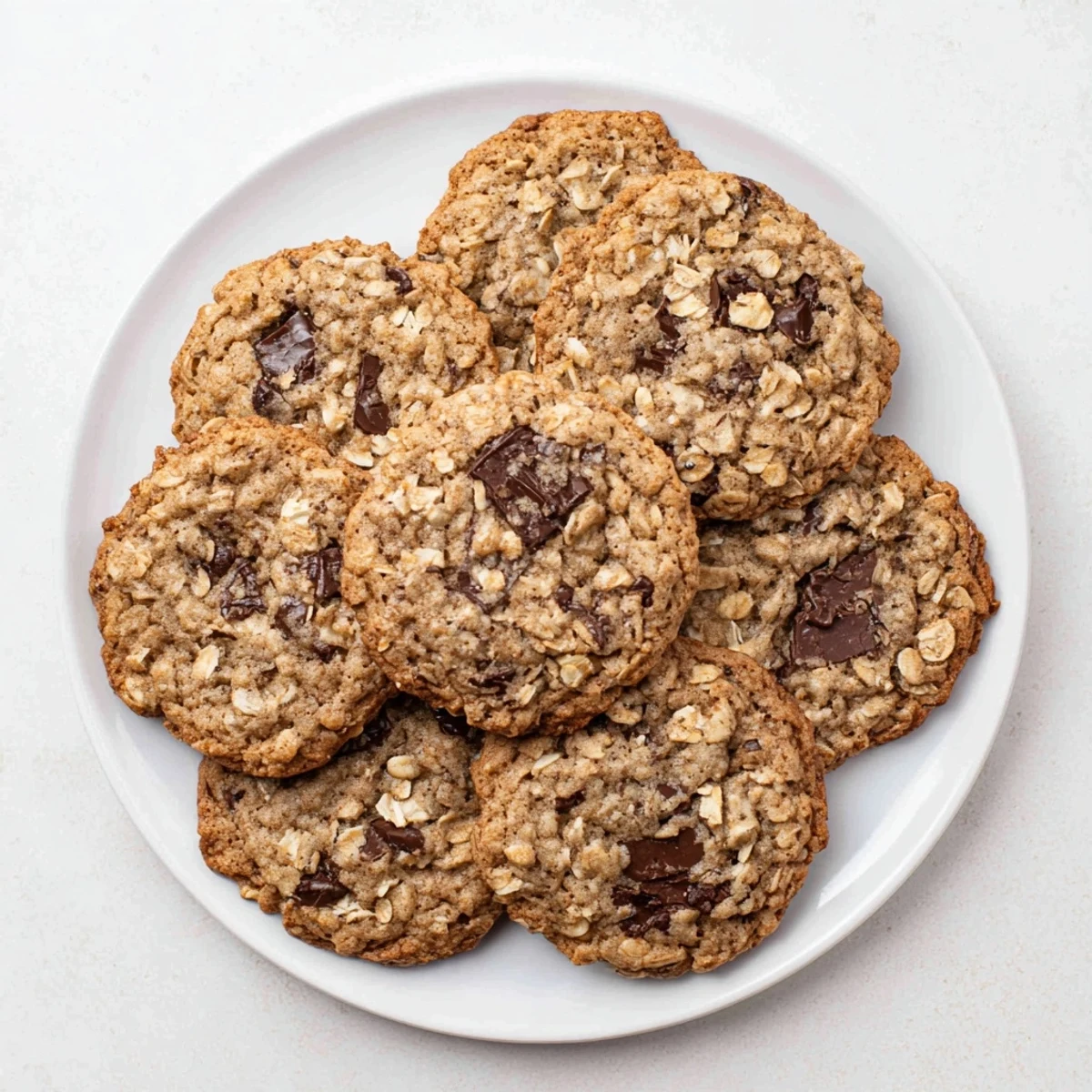 Homemade classic oatmeal chocolate chip cookies stacked on a wire cooling rack, ready for serving