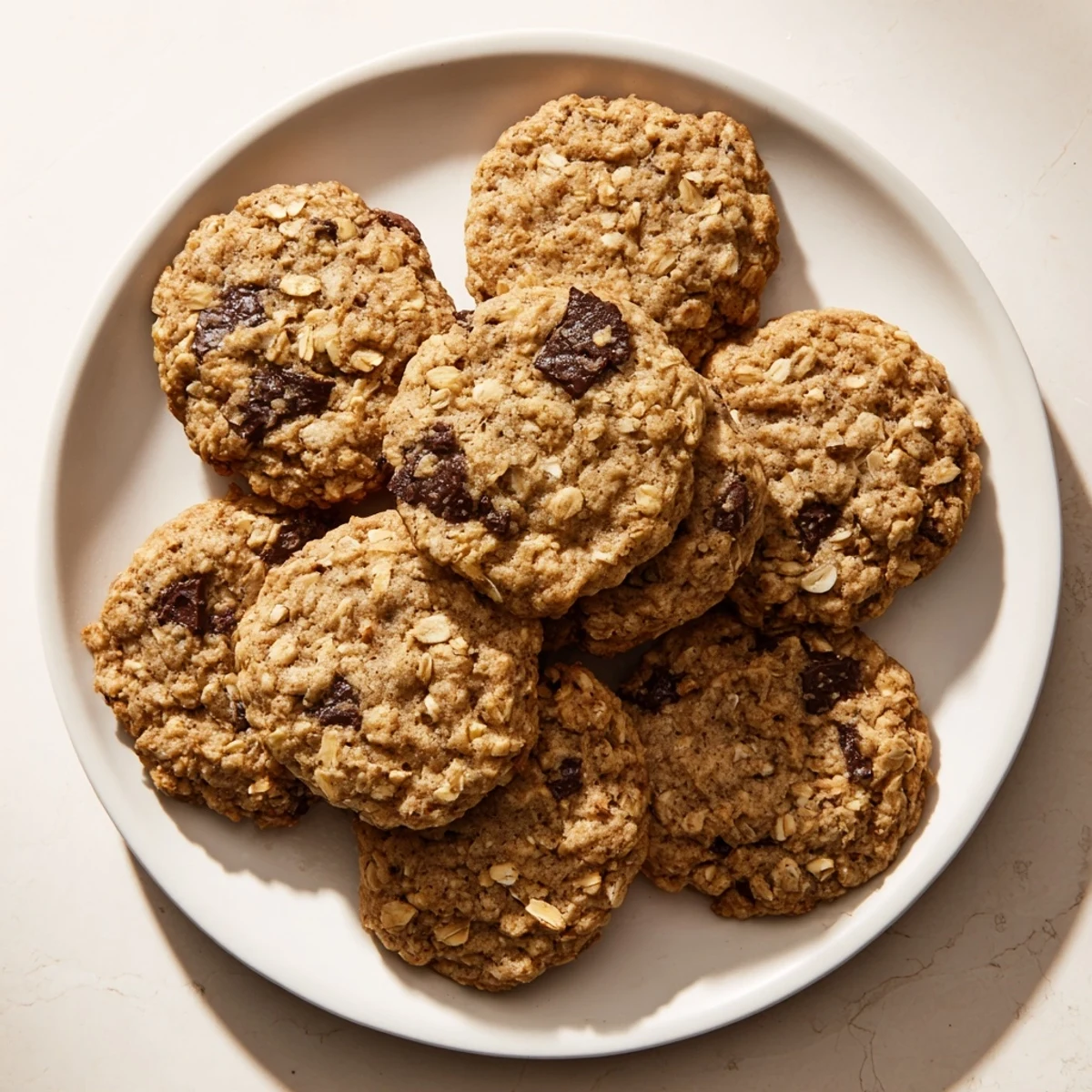Warm classic oatmeal chocolate chip cookies featuring chewy oats and gooey chocolate chips on a white plate