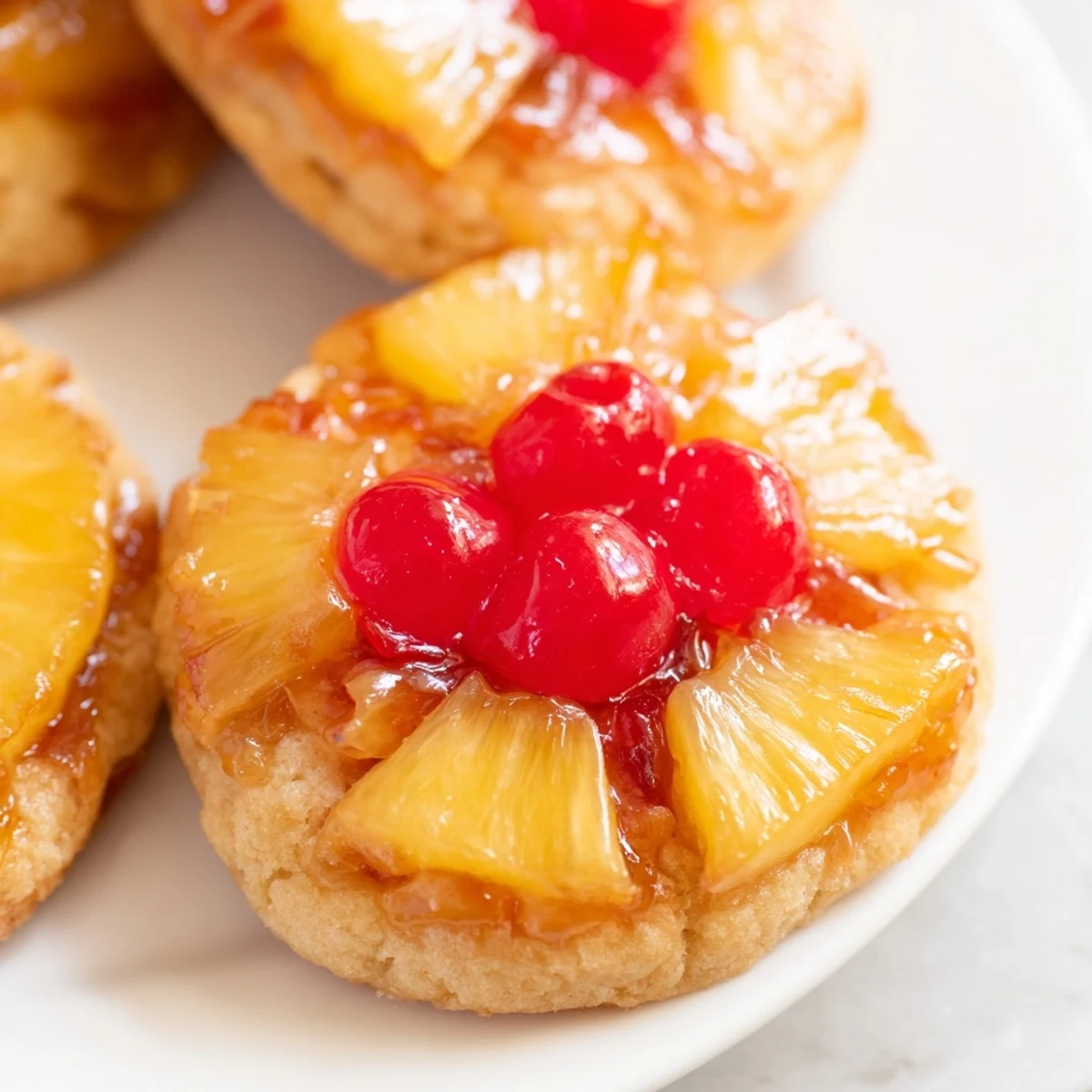 Golden pineapple upside down sugar cookies with caramelized fruit and bright red cherries