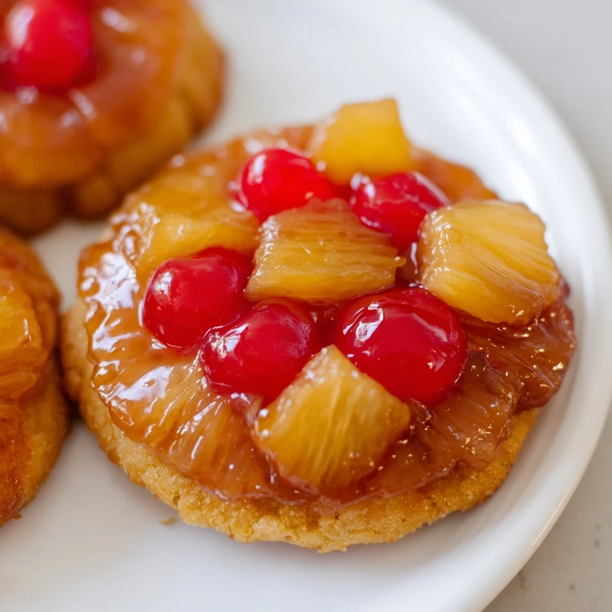 Freshly baked pineapple upside down sugar cookies arranged on a wire cooling rack