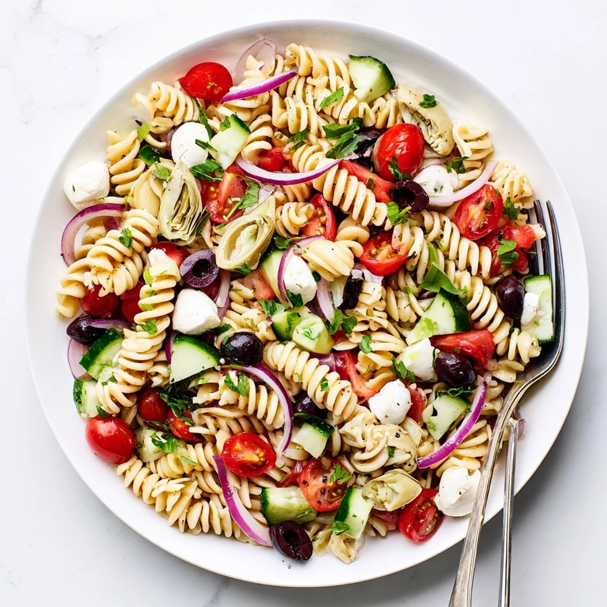 Colorful Italian vegetarian pasta salad with cherry tomatoes, mozzarella, and fresh basil tossed in tangy dressing