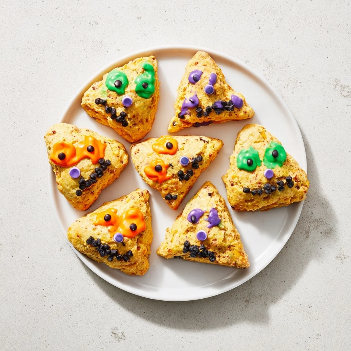 Golden pumpkin scones with colorful glaze and playful monster faces on a wooden board