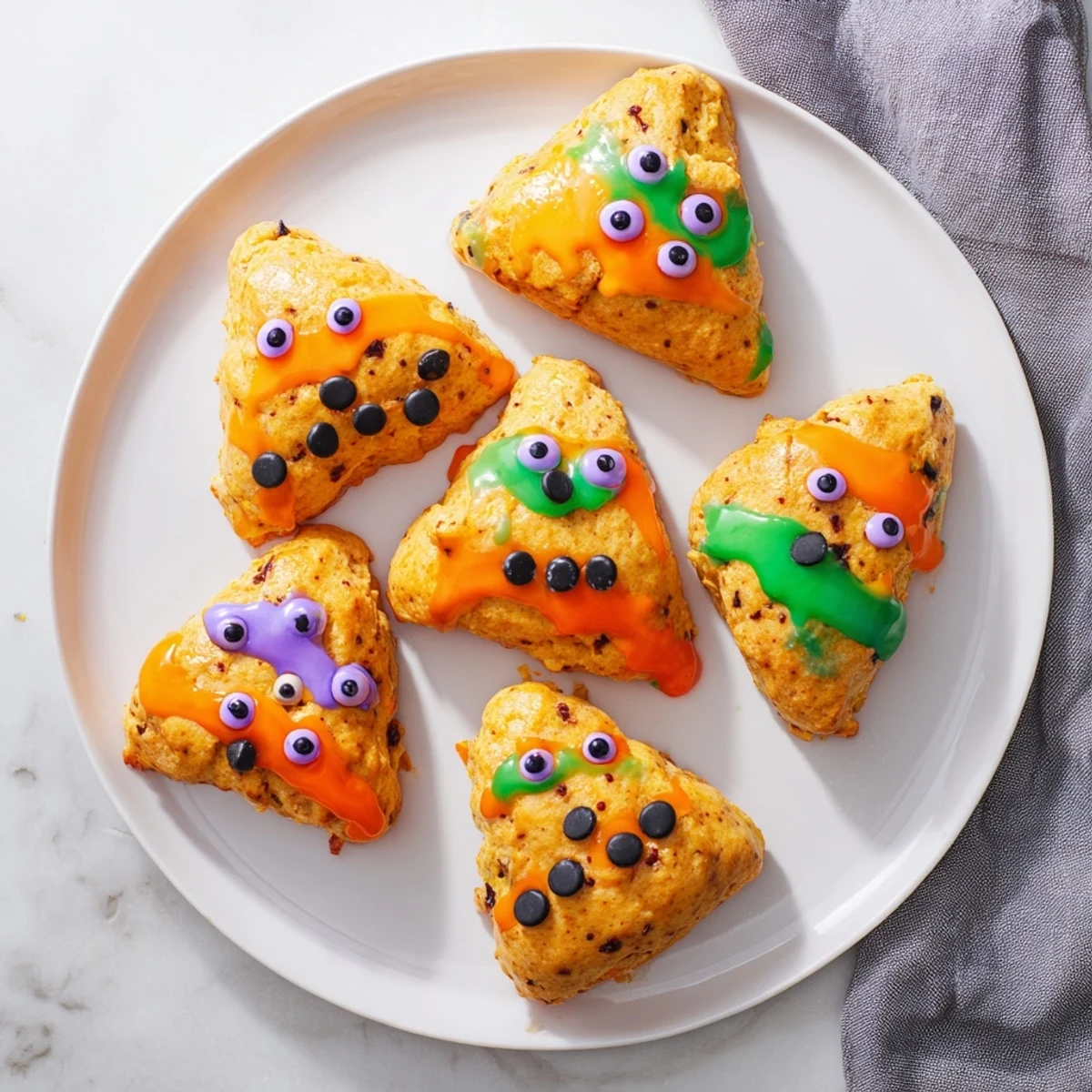 Spiced Halloween monster face pumpkin scones decorated with candy eyes and vibrant icing