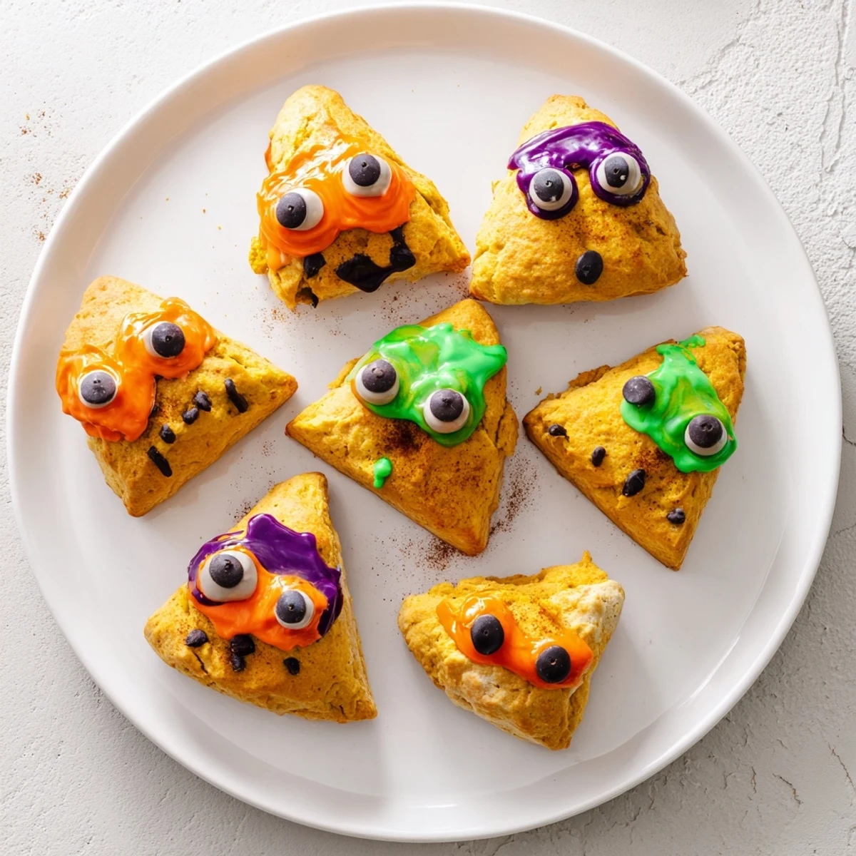 Freshly baked pumpkin scones with whimsical monster faces perfect for autumn celebrations