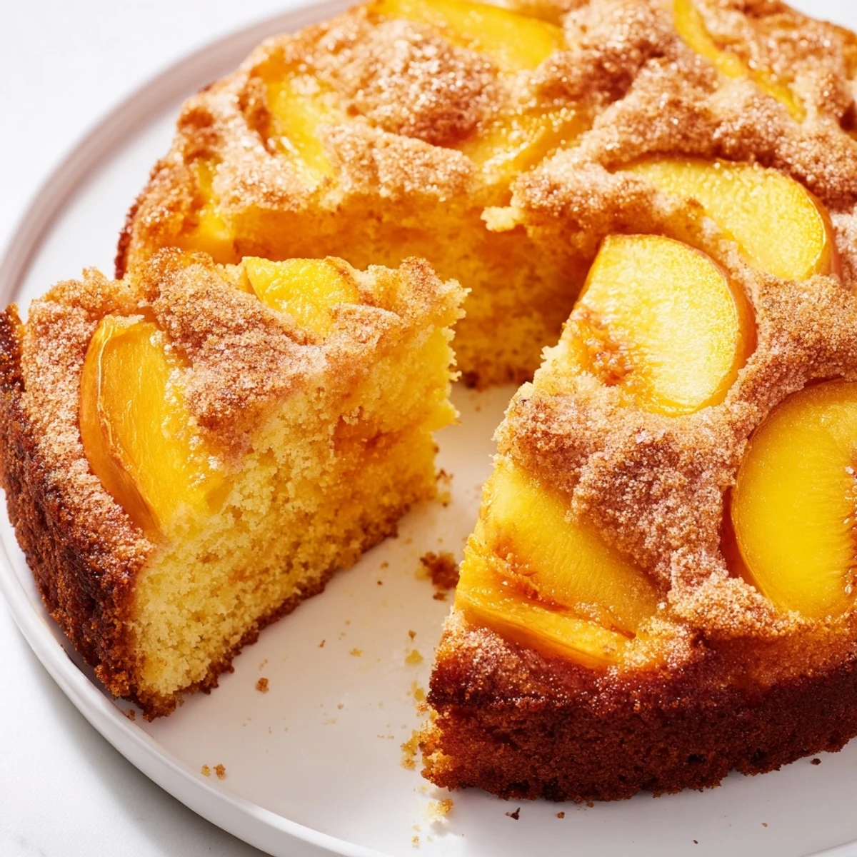 Moist peach cake with juicy fruit baked into the tender crumb, sprinkled with cinnamon sugar