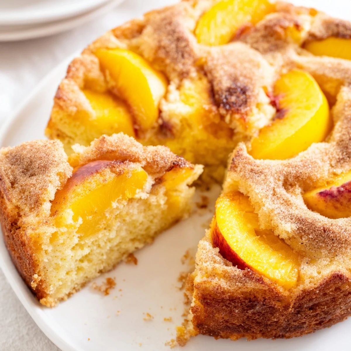 Golden summer peach cake topped with cinnamon-dusted fresh peach slices on a white serving plate