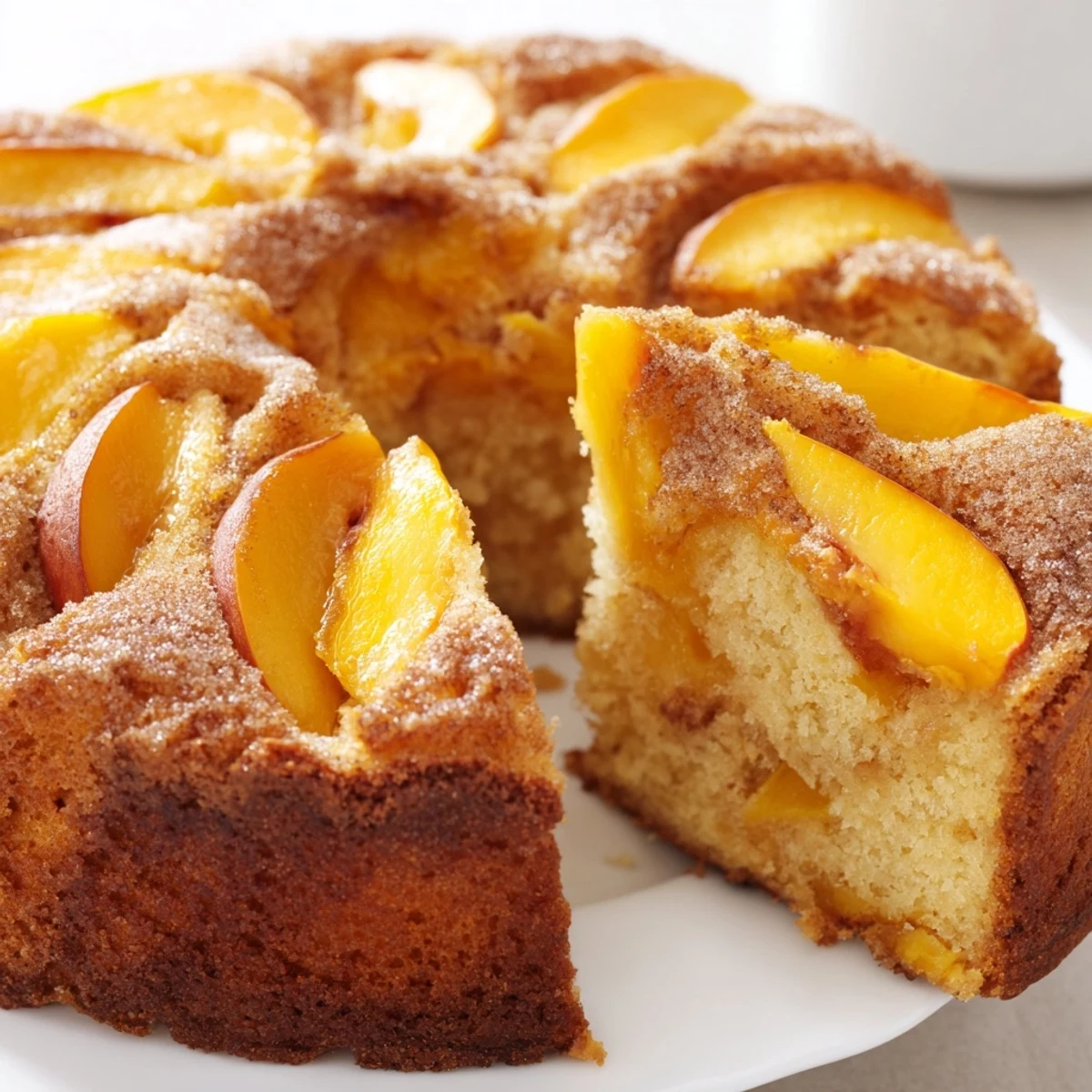 Slice of summer peach cake showing the soft texture and ripe peach pieces throughout