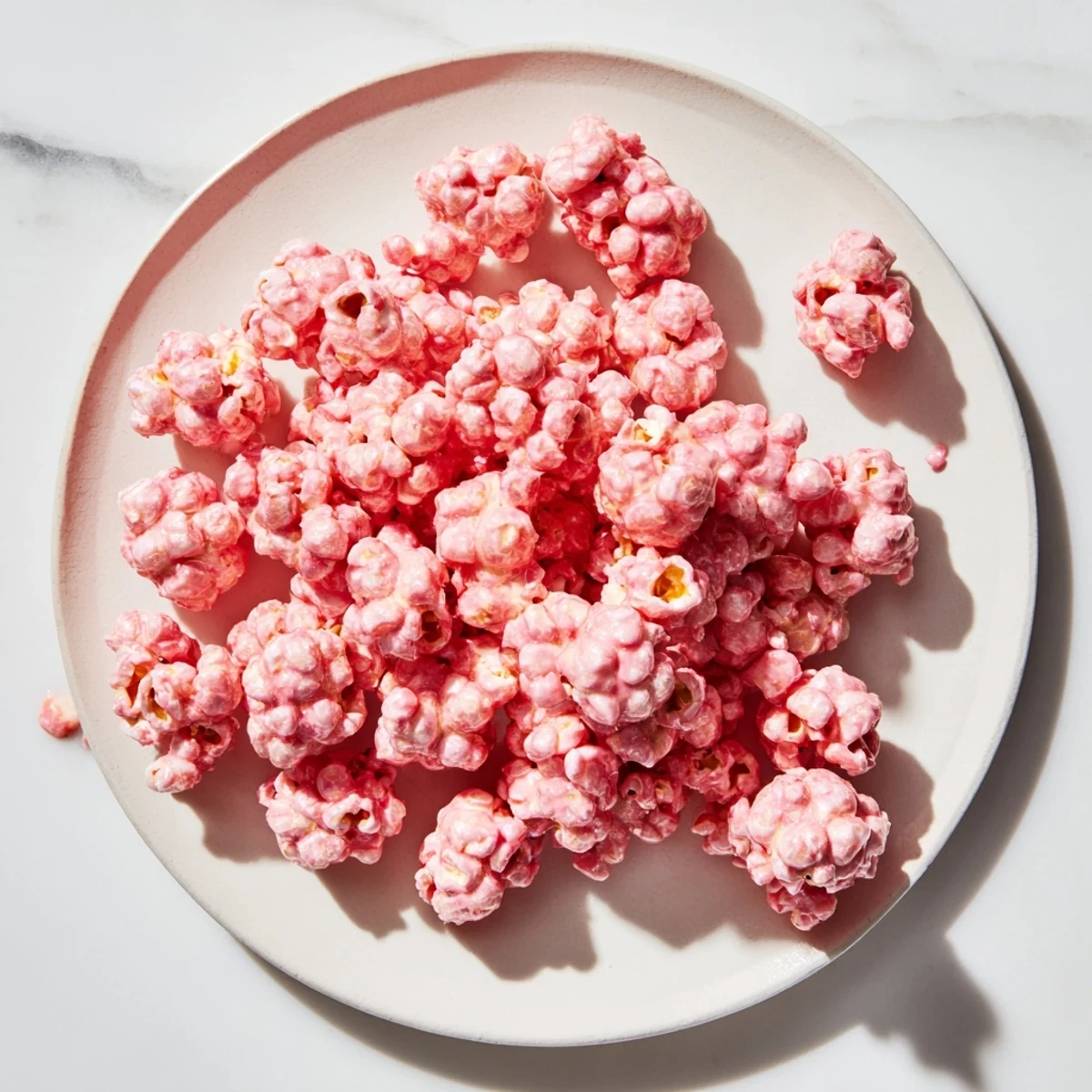 Pink popcorn coated in shiny vanilla glaze displayed in white bowl
