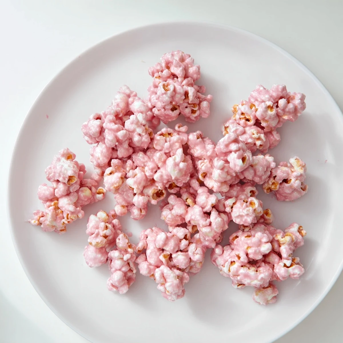 Light and airy pink popcorn scattered on parchment paper with glossy finish