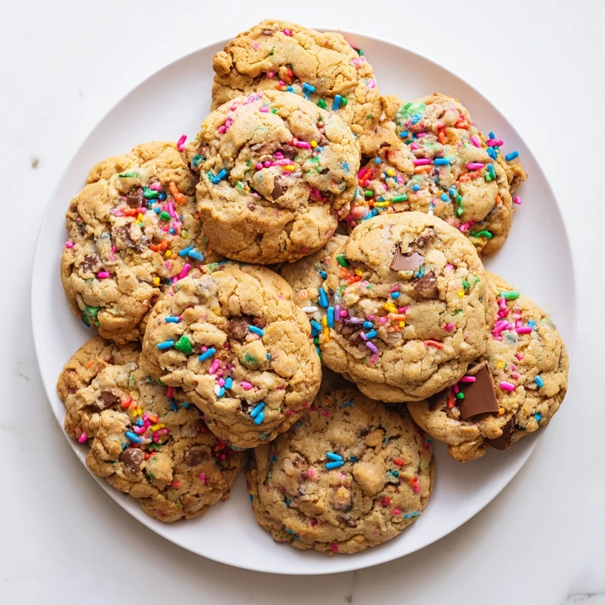 Freshly baked Chocolate Chip Sprinkle Cookies with golden edges and colorful confetti scattered throughout