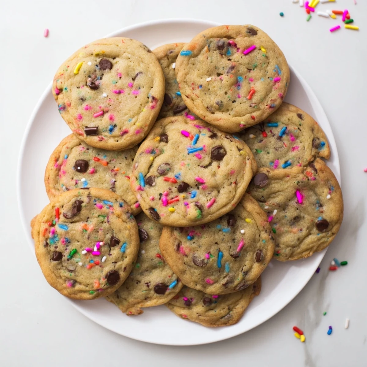 Soft and chewy Chocolate Chip Sprinkle Cookies stacked on a wire cooling rack ready for serving