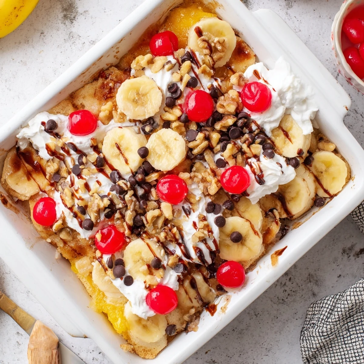 Warm baked banana split dump cake topped with whipped cream and maraschino cherries