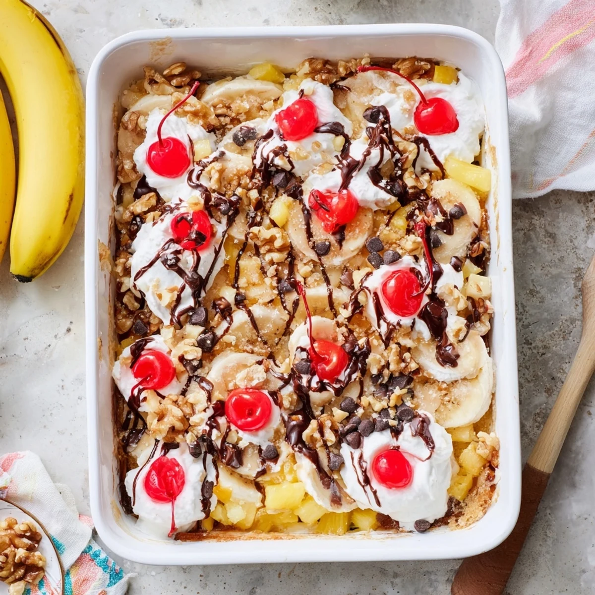 Buttery yellow cake crumble over sweet bananas pineapple and chocolate in this banana split dump cake