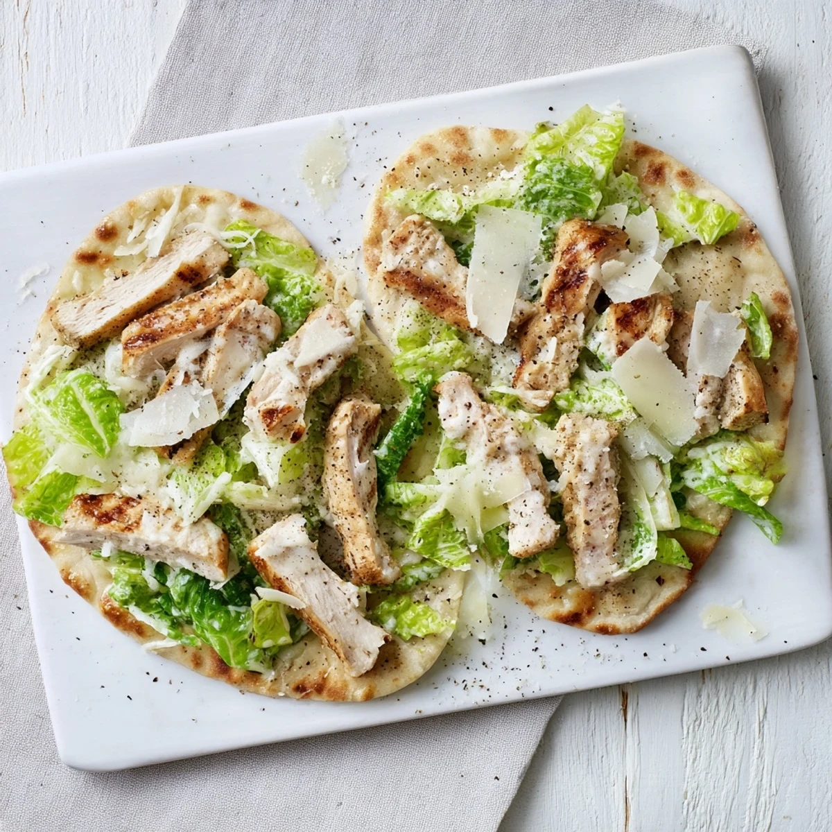 Sliced grilled chicken resting on cheesy flatbread with creamy Caesar dressing and fresh parmesan