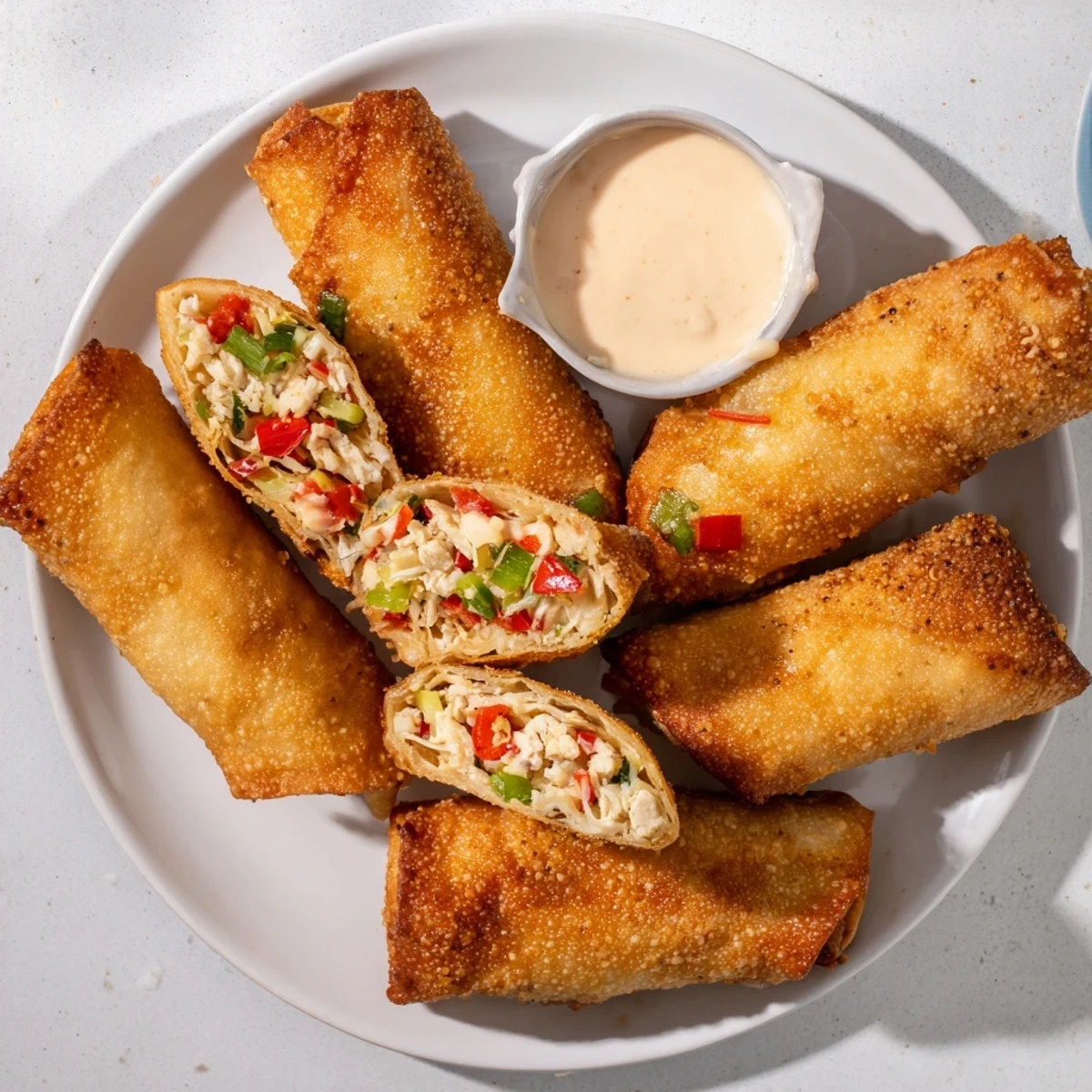 Golden brown crispy Voodoo Egg Rolls served with creamy zesty dipping sauce on a white plate
