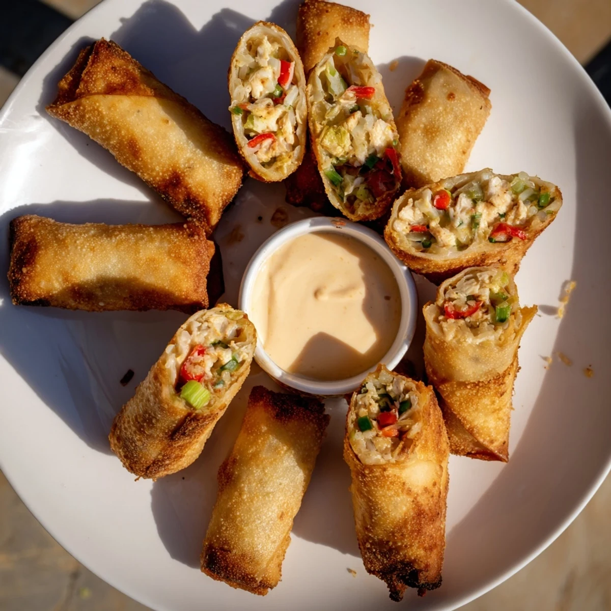 Cajun-spiced chicken stuffed Voodoo Egg Rolls frying in hot oil until perfectly crunchy and golden