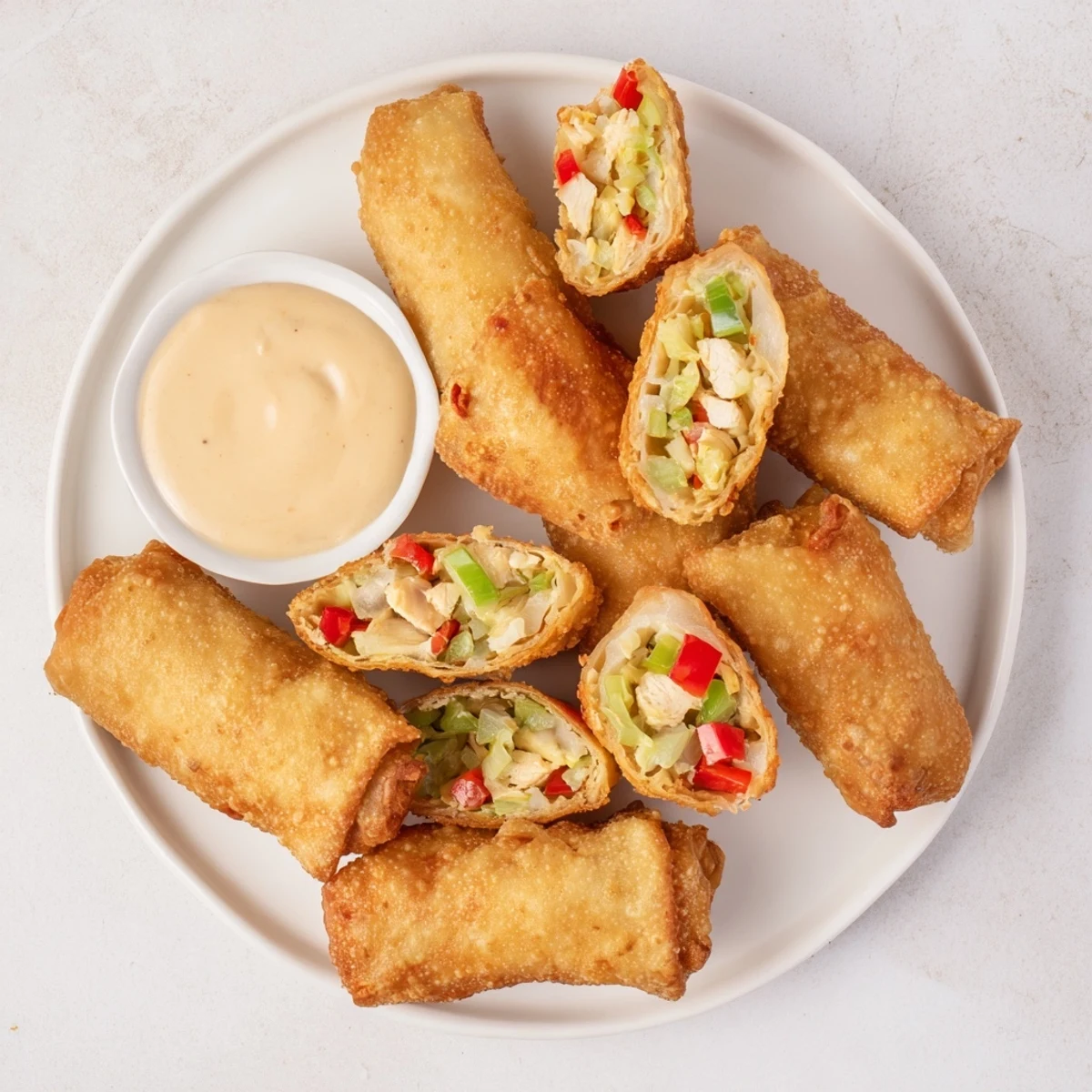 Plate of spicy Voodoo Egg Rolls alongside tangy homemade sauce ready for party appetizer serving