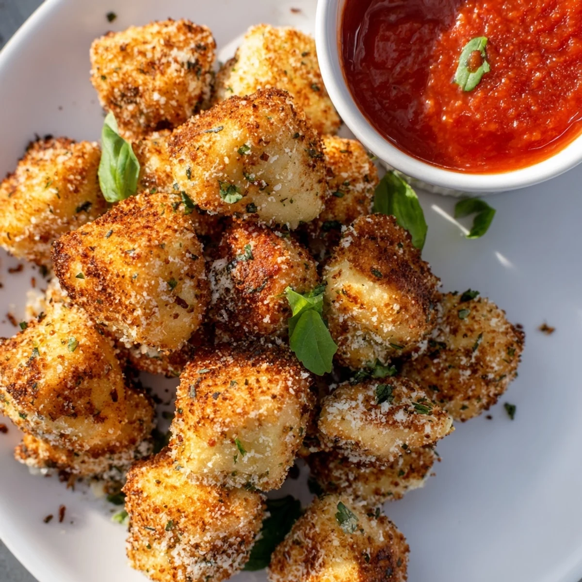 Golden air fryer tortellini arranged on a white serving plate with marinara dipping sauce in a small bowl
