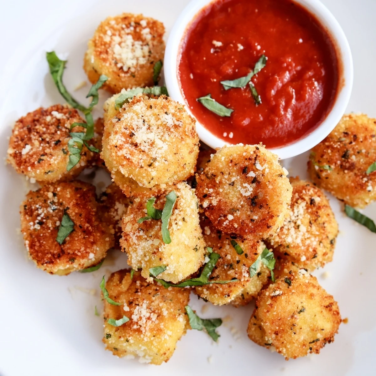 Crispy breaded tortellini bites fresh from the air fryer basket, garnished with fresh chopped basil leaves